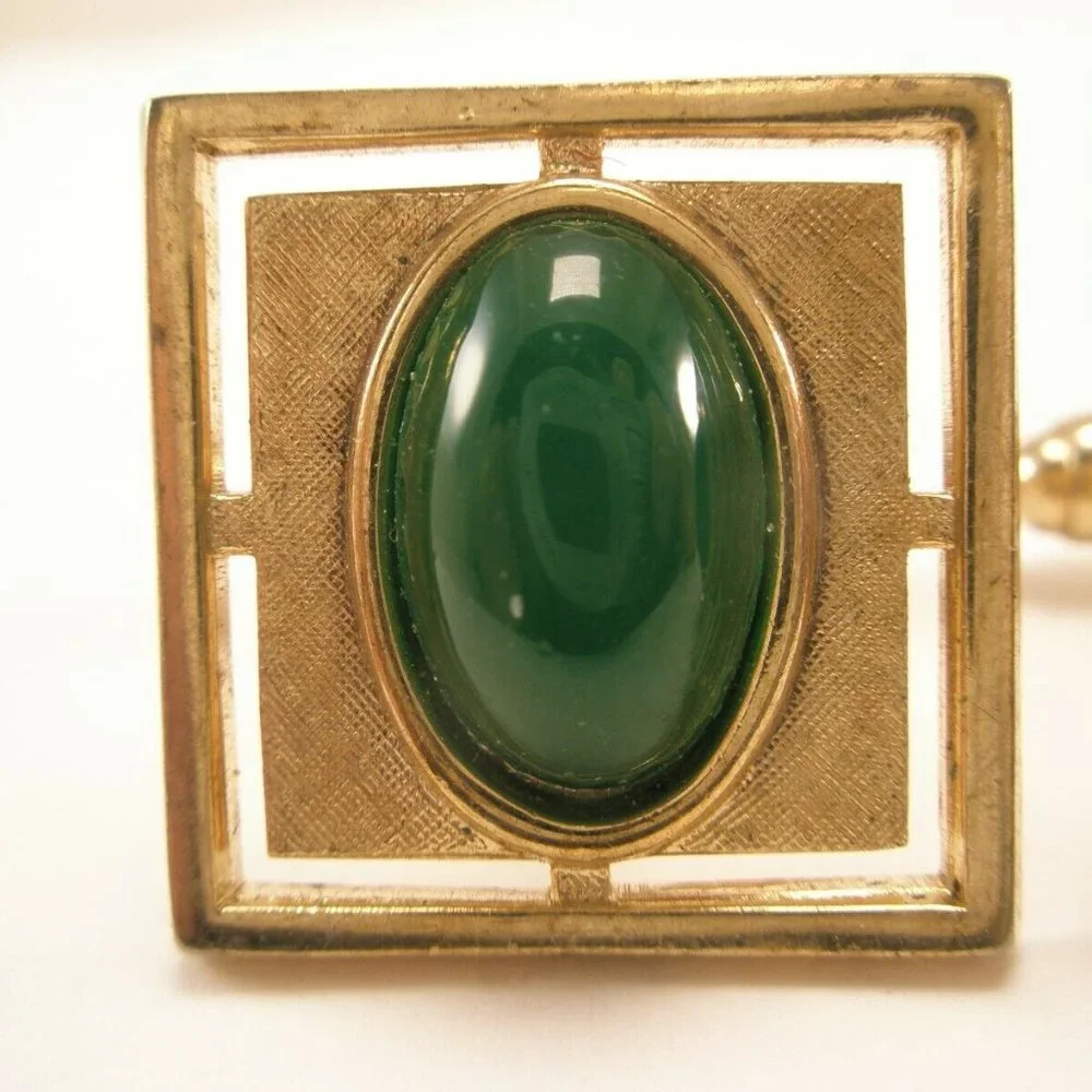 Vintage Anson Oval Green Jade Gold Tone Cuff Links